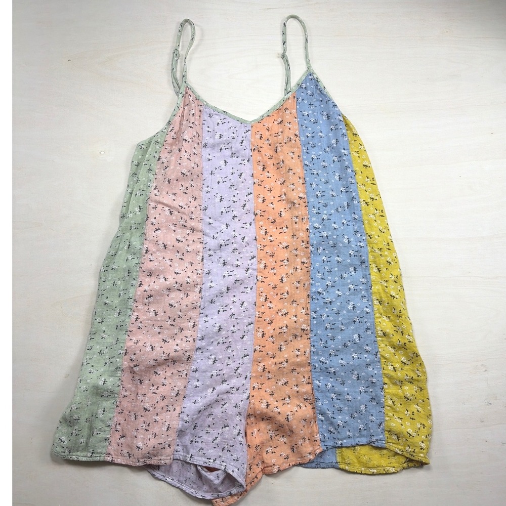 Storia Floral Patchwork Romper Multi Color Pastel Striped Sunsuit Large